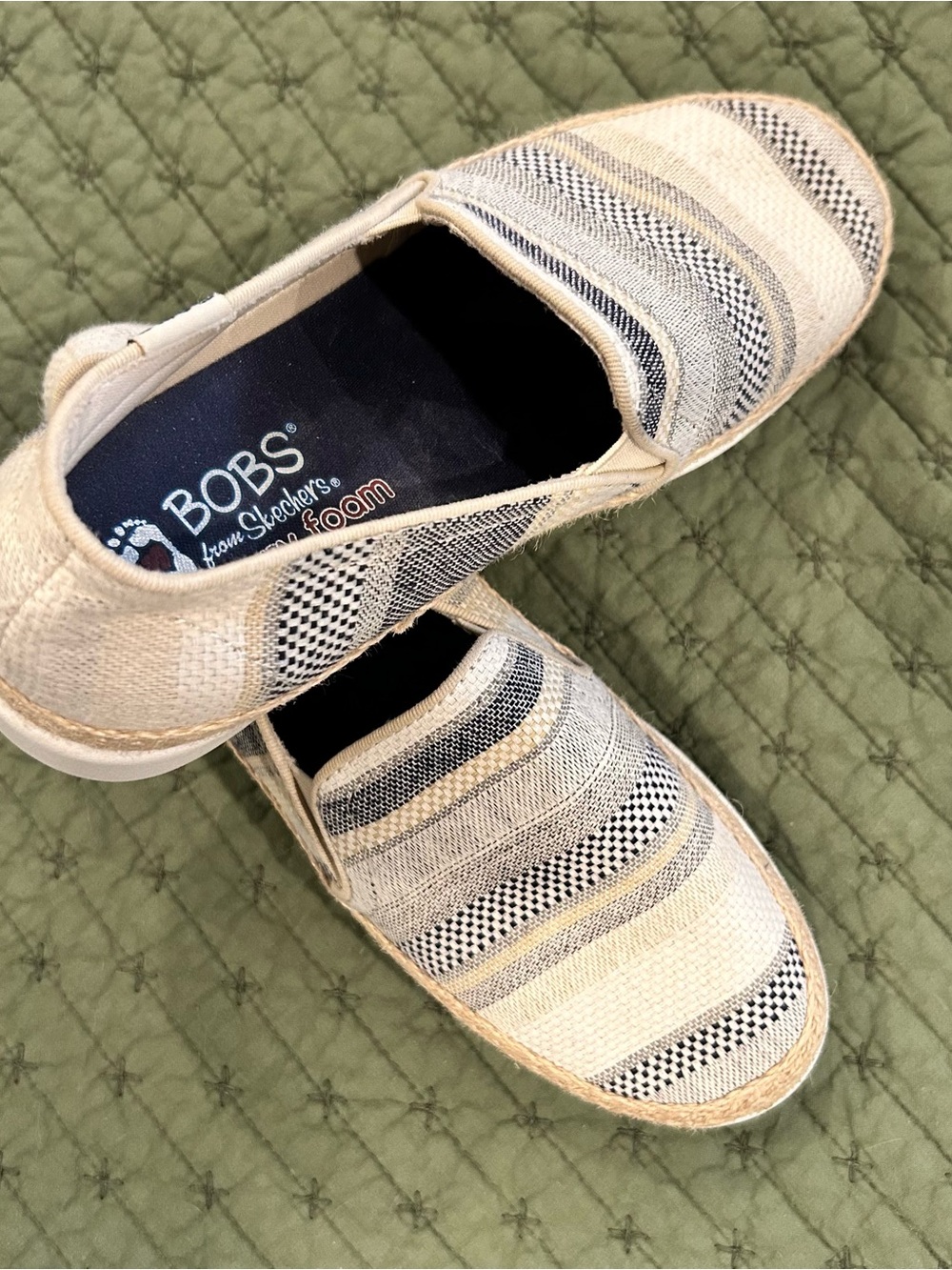 Skechers BOBS Neutral Striped Slip-On Loafers in Beige and Black